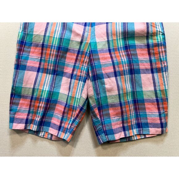 Talbots Women's Linen Perfect Shorts Flat Front Sz 2 Blue Pink Plaid Lightweight - Picture 6 of 11